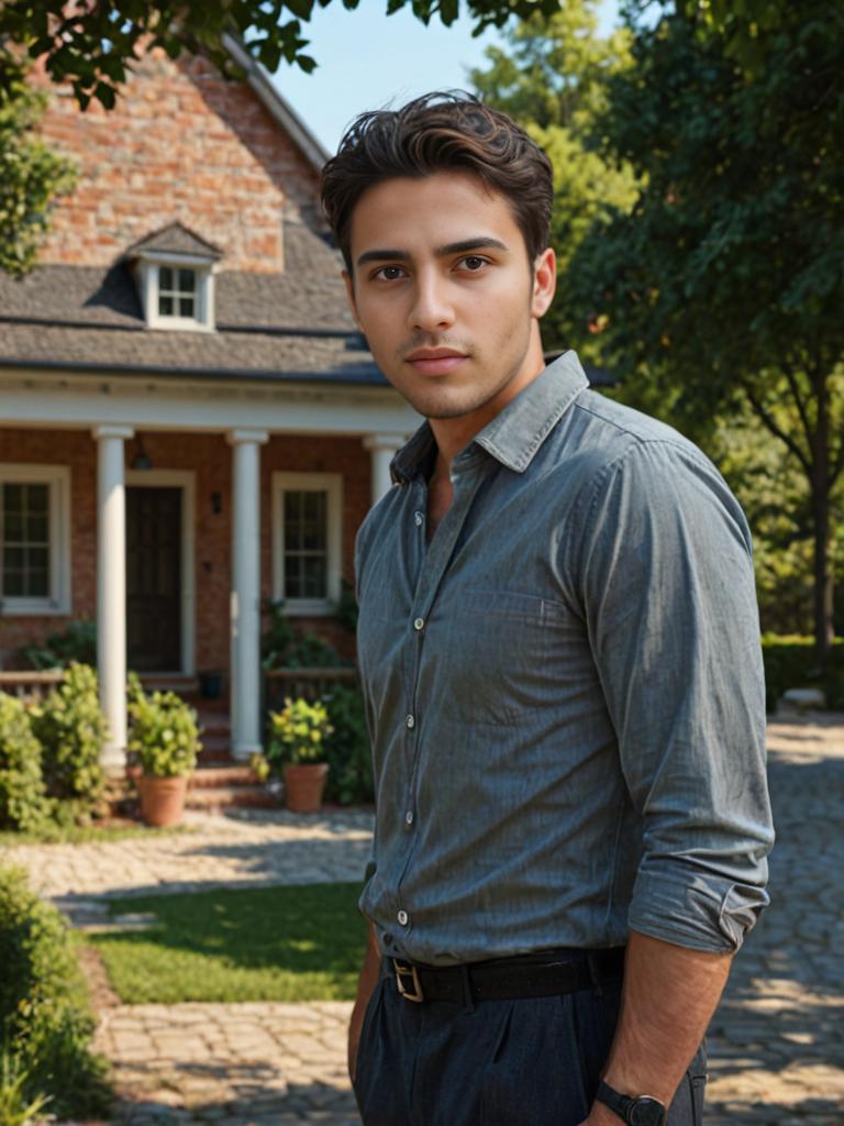 Confident Man in Front of Brick House with Garden