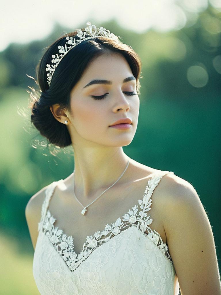 Elegant Young Woman in White Lace Dress with Tiara in Soft Natural Light