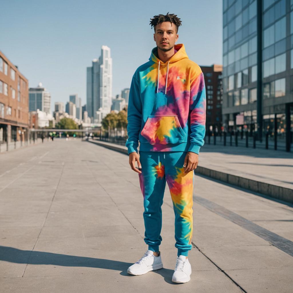 Confident Man in Tie-Dye Tracksuit in City