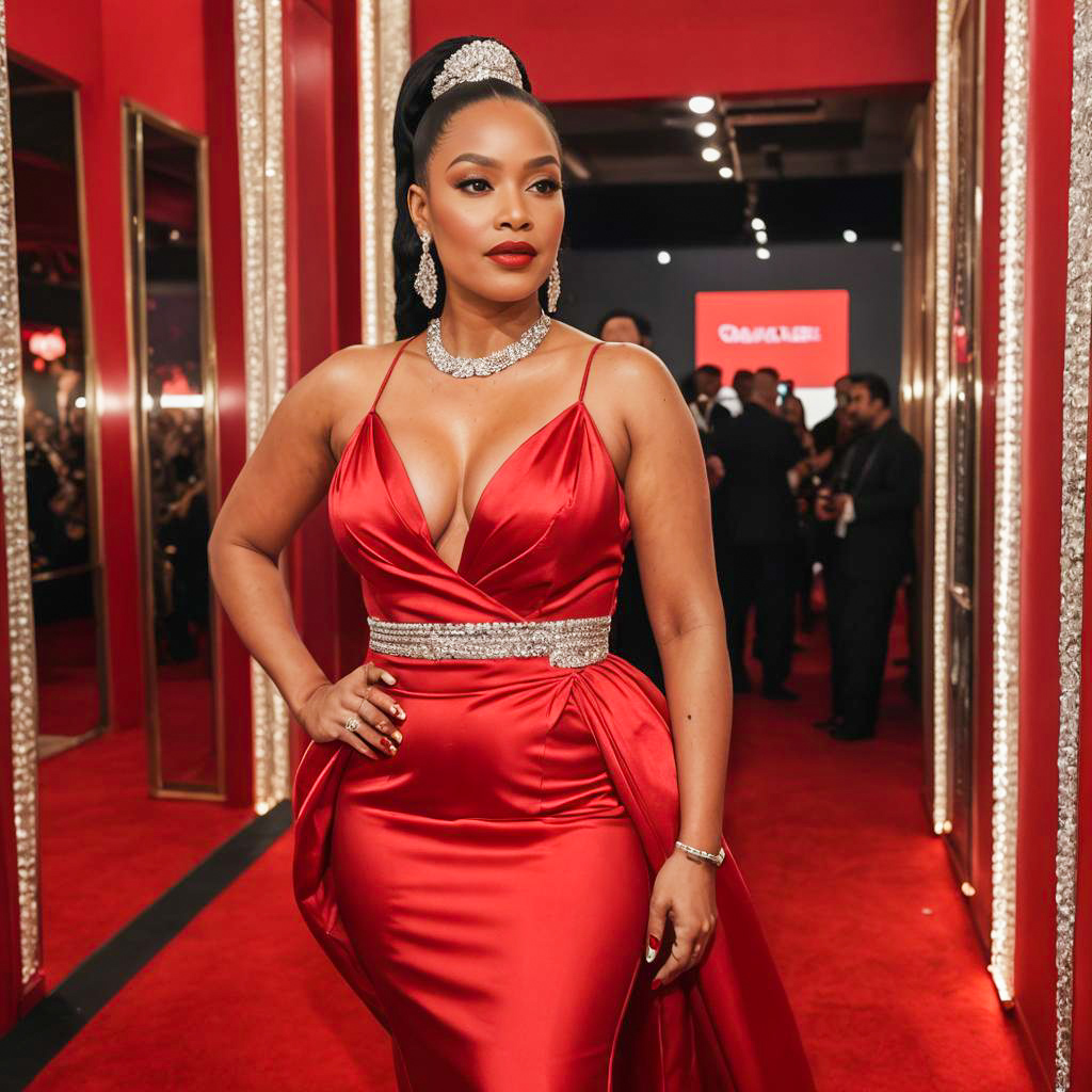 Glamorous Woman in Red Satin Evening Gown with Rhinestone Accessories