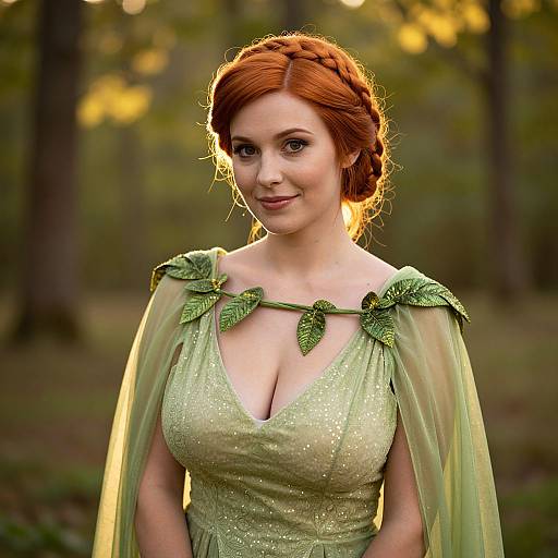 Red Haired Woman in Green Leaf Decorated Fantasy Dress Outdoors