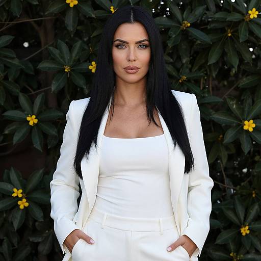 Confident Woman in Stylish White Suit Outdoors with Floral Green Background