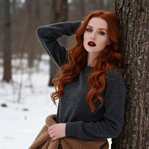 Red-Haired Woman in Cozy Sweater Posing in Snowy Forest - Gen Z Style