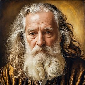 Elderly Man with White Hair and Beard in Golden-Brown Robes