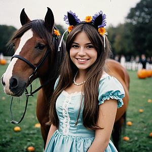 Young Woman in Vintage Dress with Horse in Autumn