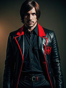 Realistic Alex Mercer Cosplay Man Wearing Black Leather Jacket with Red Trim