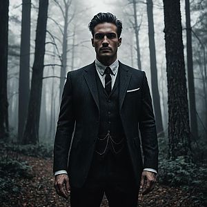 Confident Man in Dark Suit in Misty Forest