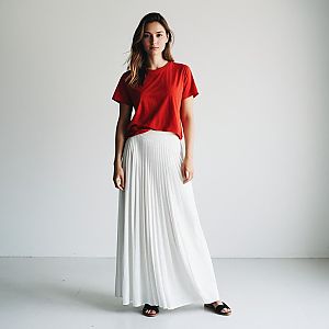 Woman in Red T-Shirt and White Maxi Skirt