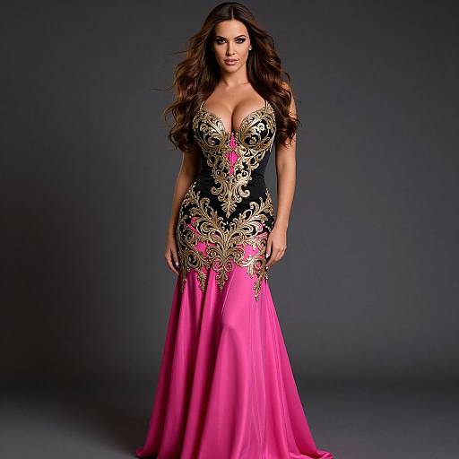 Elegant Woman in Black and Pink Evening Gown with Gold Embroidery