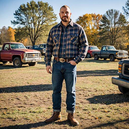 Man in Plaid Shirt with Classic Pickup Trucks Outdoors in Autumn