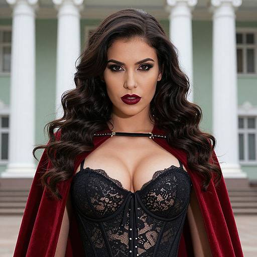 Elegant Woman in Black Lace Corset and Red Velvet Cape