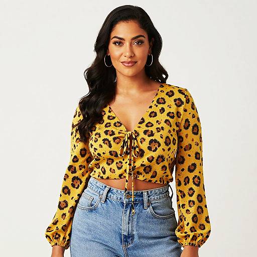 Woman in Yellow Leopard Print Tie-Front Blouse and High-Waisted Jeans