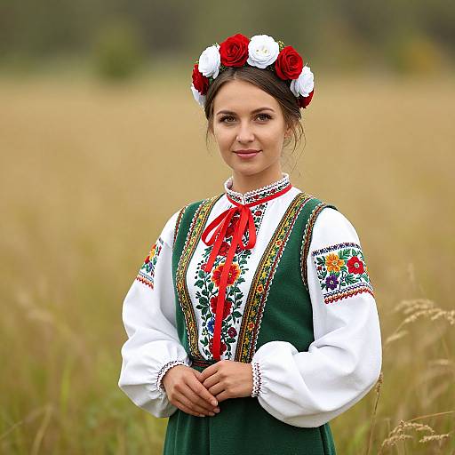 Woman in Traditional Embroidered Eastern European Folk Costume with Floral Crown