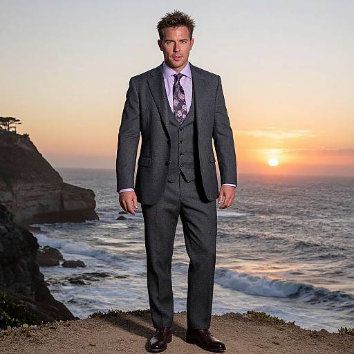 Man in Gray Three-Piece Suit Standing on Cliff at Ocean Sunset