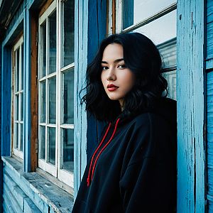 Woman in Black Hoodie with Red Drawstrings by Rustic Blue Building