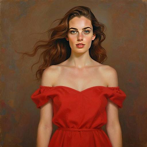 Realistic Oil Portrait of Woman in Red Dress with Flowing Hair