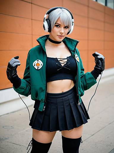Young Woman in Green Bomber Jacket and Black Pleated Skirt Wearing Headphones