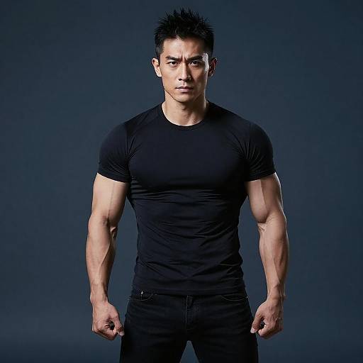 Muscular Asian Man in Black T-Shirt Showing Strength and Confidence