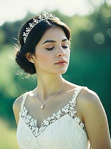 Elegant Young Woman in White Lace Dress with Tiara in Soft Natural Light