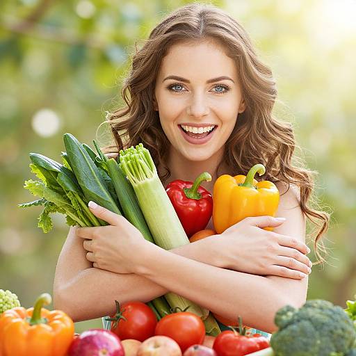 Happy Woman Holding Fresh Colorful Vegetables Outdoors
