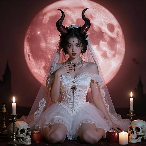 Gothic Bride with Horns Under Full Moon in Dark Fantasy Style