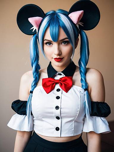 Cosplay Woman with Blue Hair Wearing Mouse Ears and Red Bow Tie