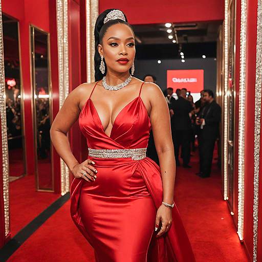 Glamorous Woman in Red Satin Evening Gown with Rhinestone Accessories