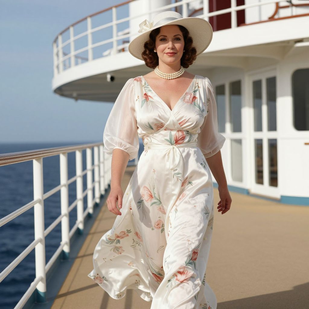 Elegant Woman in Vintage Floral Dress Walking on Ship Deck