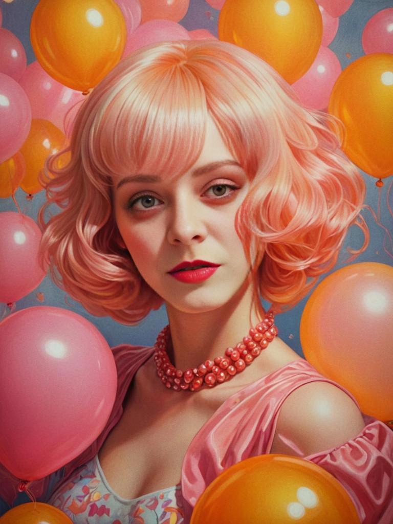 Woman with Pink Curly Hair and Colorful Balloons