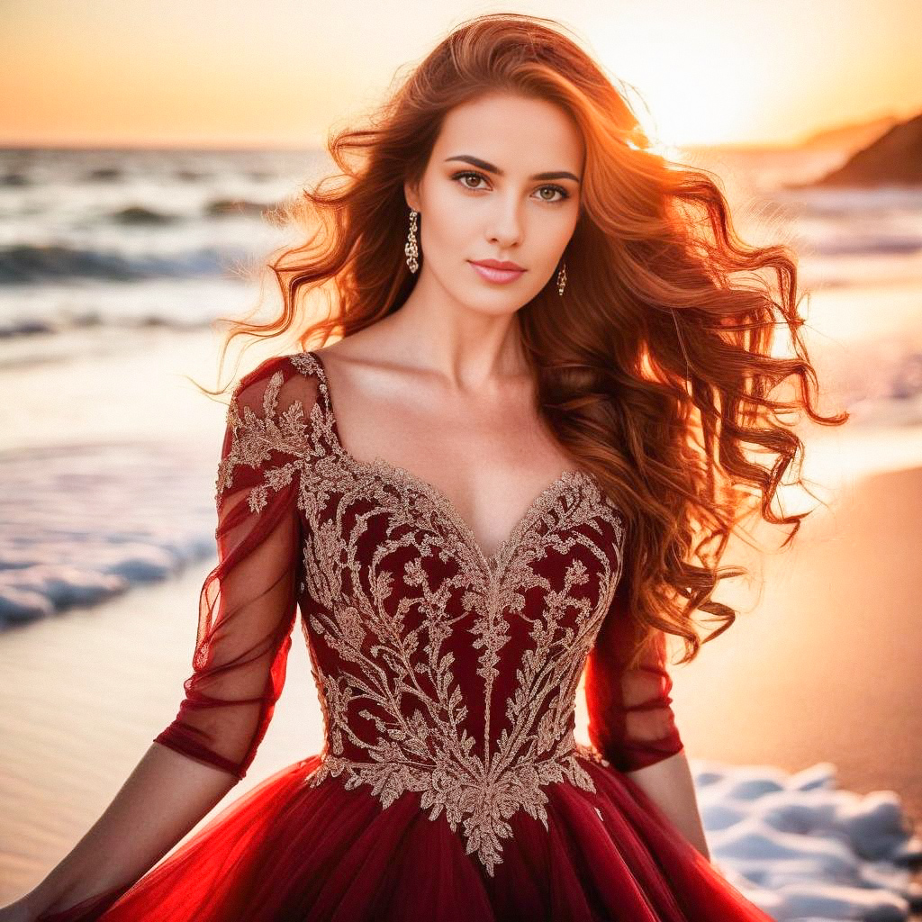 Stunning Woman in Burgundy Dress at Sunset Beach