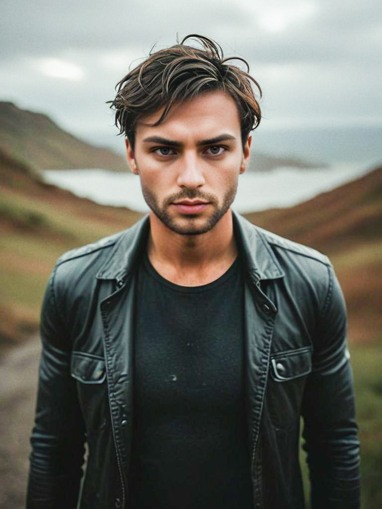 Male Model in Leather Jacket Against Dramatic Landscape