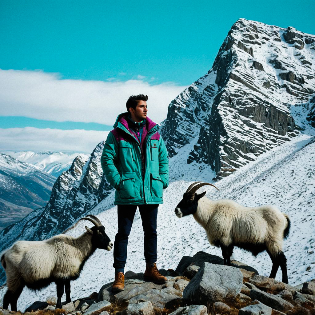 Young Man in Sage Green Jacket on Snowy Mountain with Goats