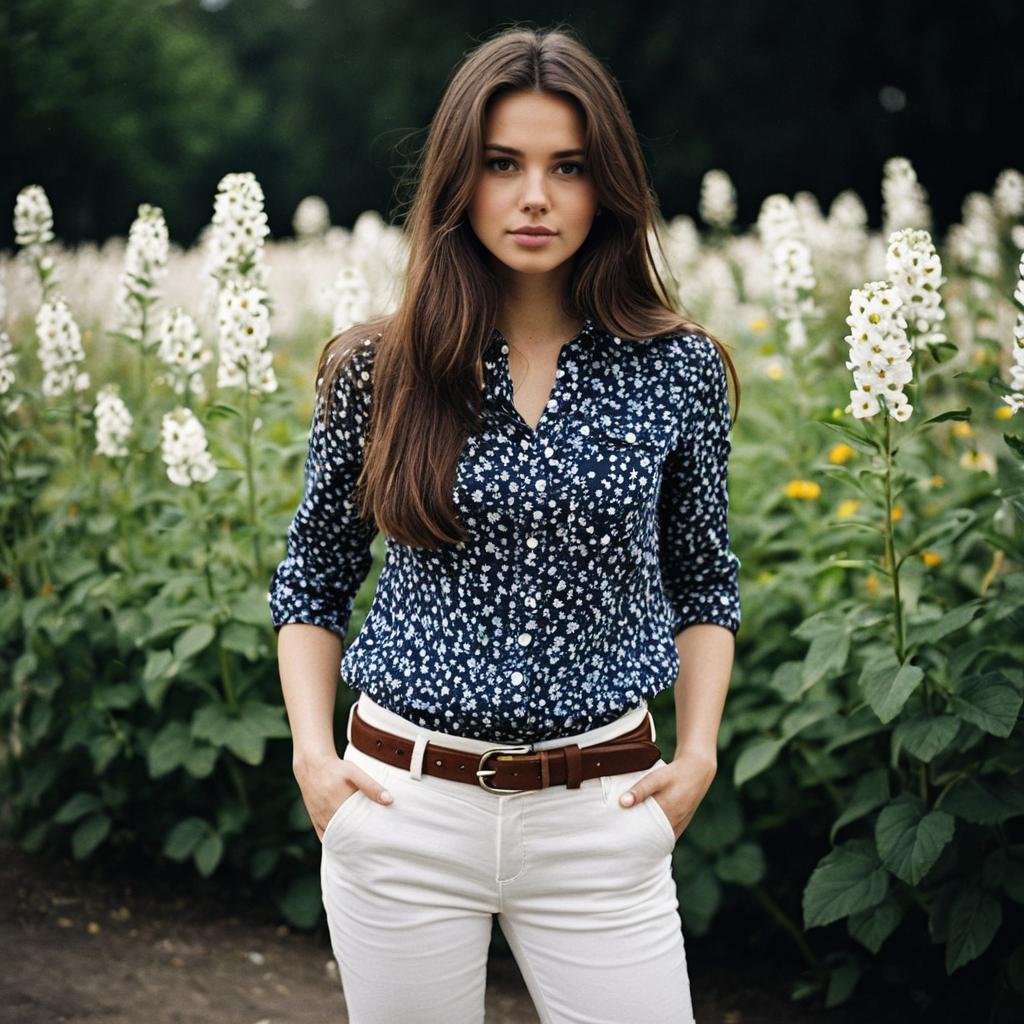 Confident Woman in White Pants and Floral Shirt Outdoors