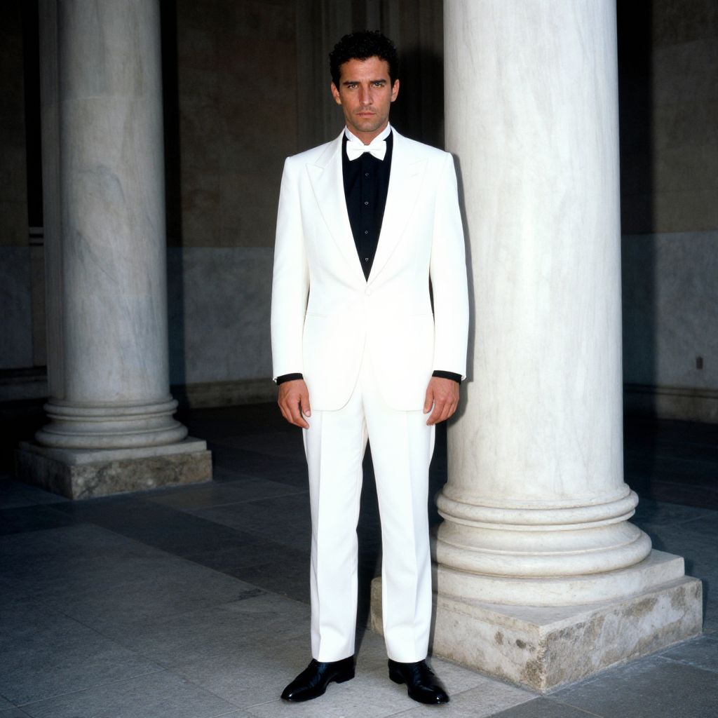 Man in Classic White Tuxedo Standing Between Marble Columns