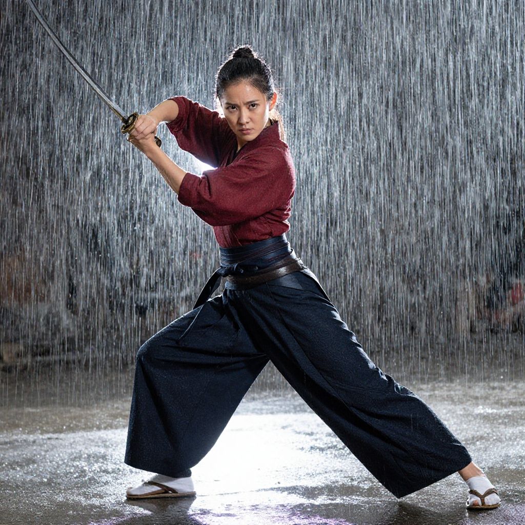 Woman Practicing Kenjutsu with Katana Sword in Rain in Traditional Japanese Attire