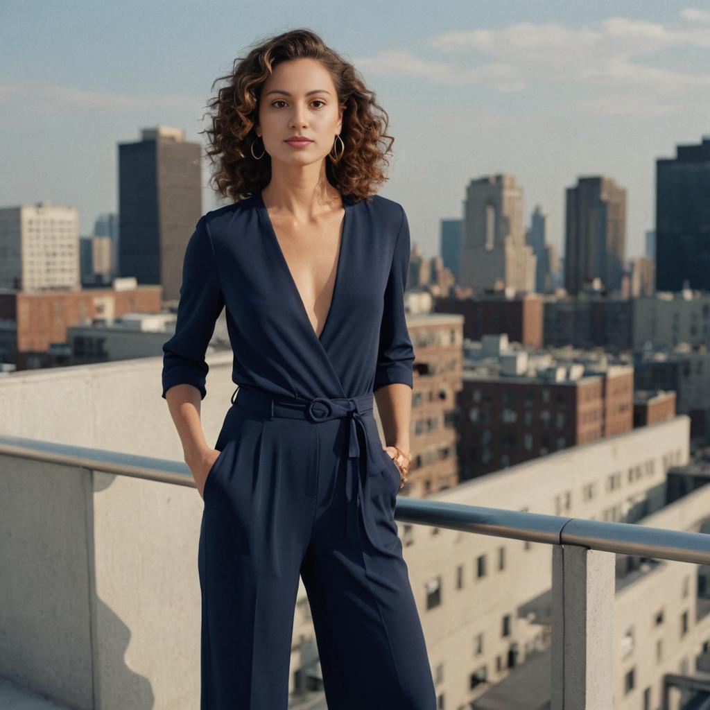 Confident Woman in Navy Jumpsuit on Rooftop