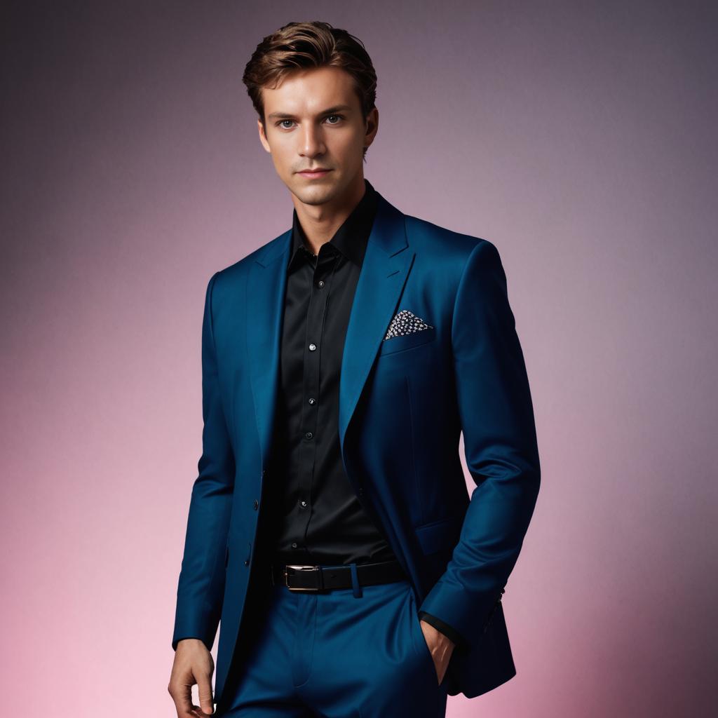 Confident Man in Blue Suit with Pocket Square