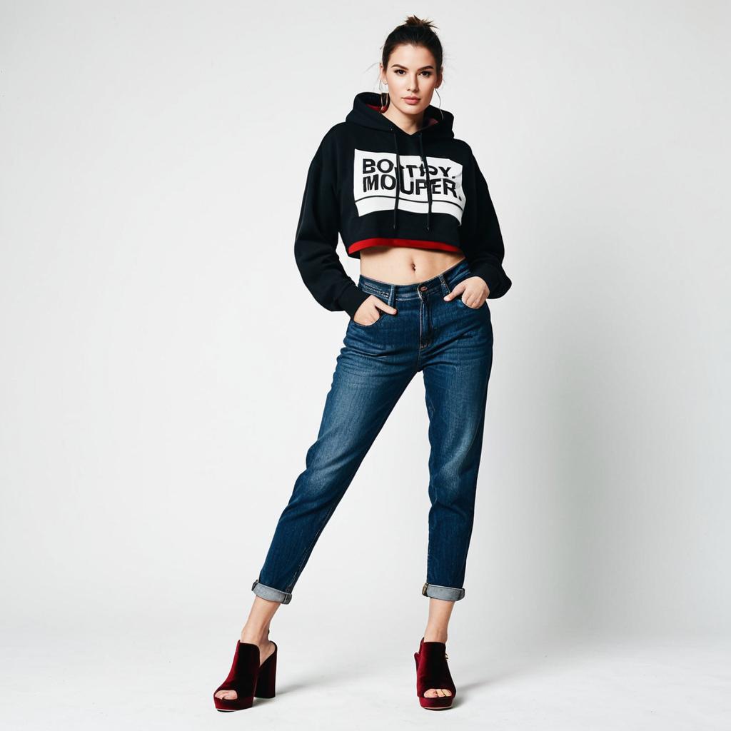 Stylish Young Woman in Cropped Hoodie and Cuffed Jeans Standing Pose