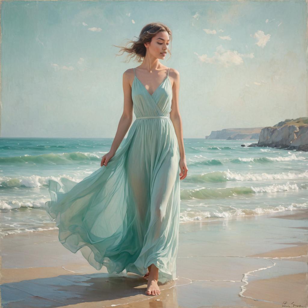 Elegant woman on beach in pale blue dress