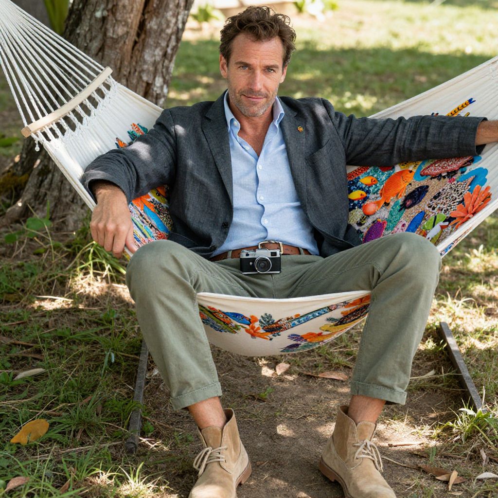 Man Relaxing in Colorful Hammock Outdoors with Vintage Camera
