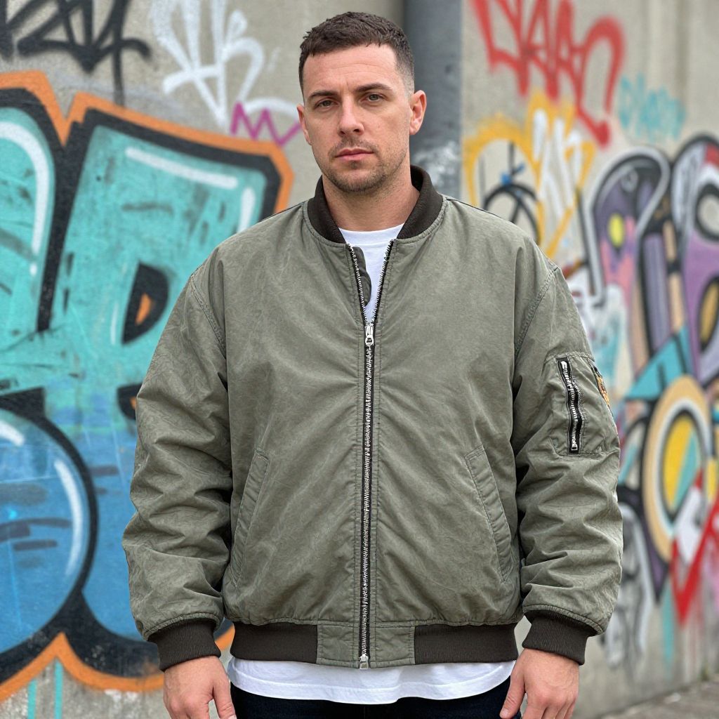 Man in Olive Green Bomber Jacket Posing Against Graffiti Wall