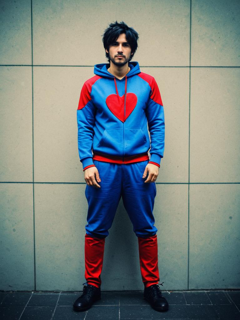 Man in Blue and Red Heart Costume