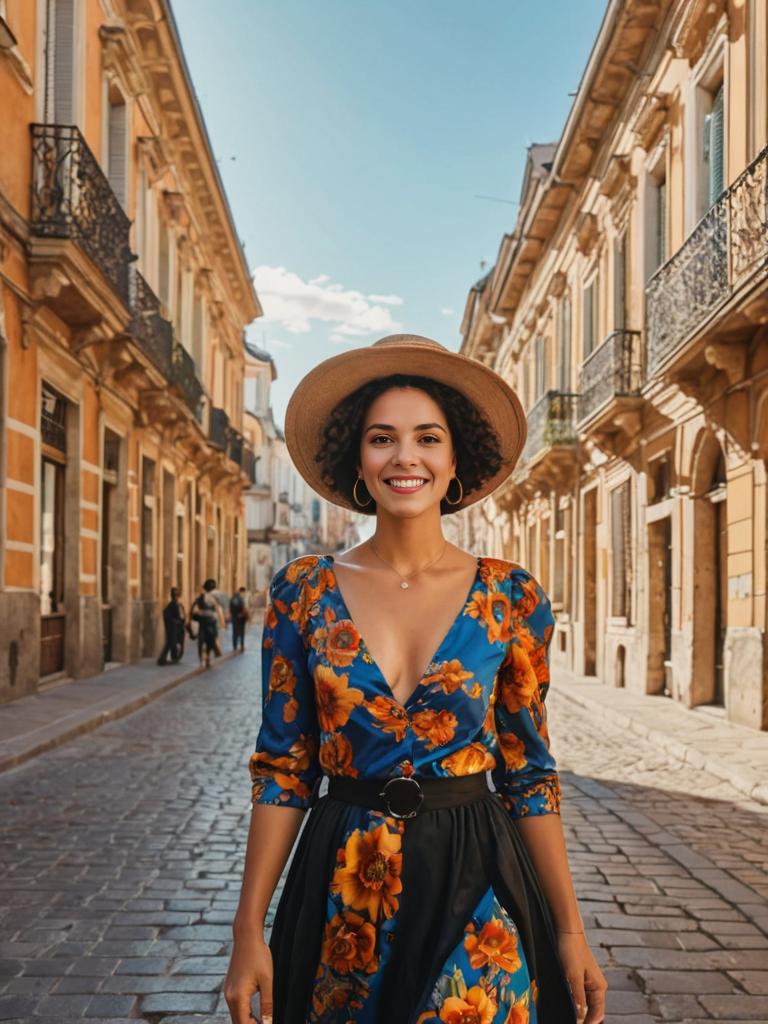 Smiling woman in floral dress on European street