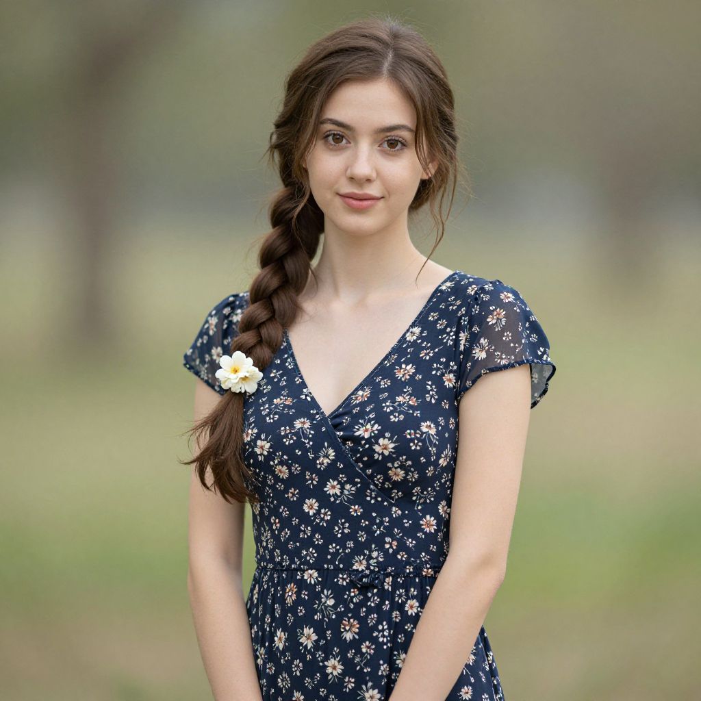 Young Woman in Navy Blue Floral Dress with Braided Hair and Flower