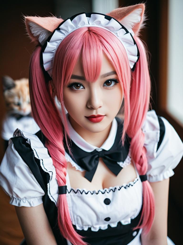 Realistic Cosplay Portrait of Woman in Pink Hair Maid Outfit with Cat Ears