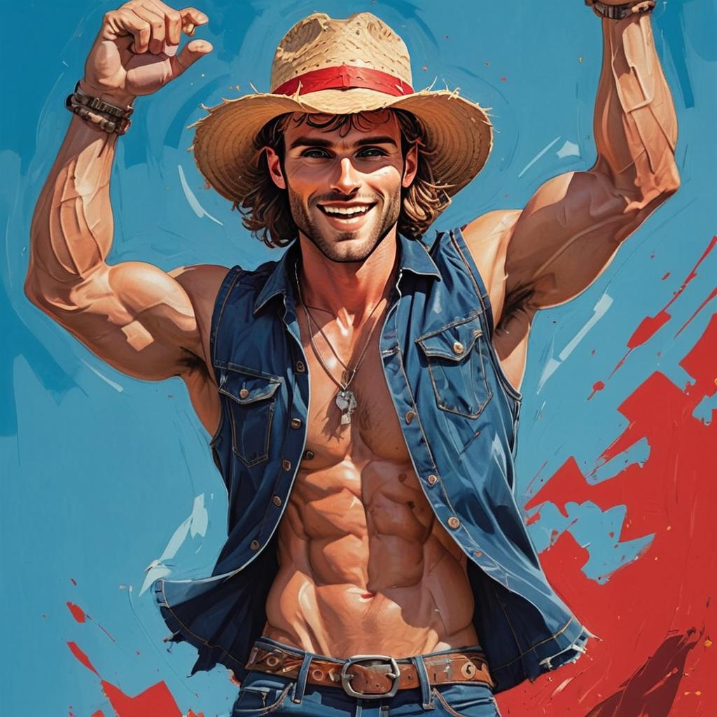 Stylized Digital Illustration of Muscular Man in Denim Vest and Straw Hat