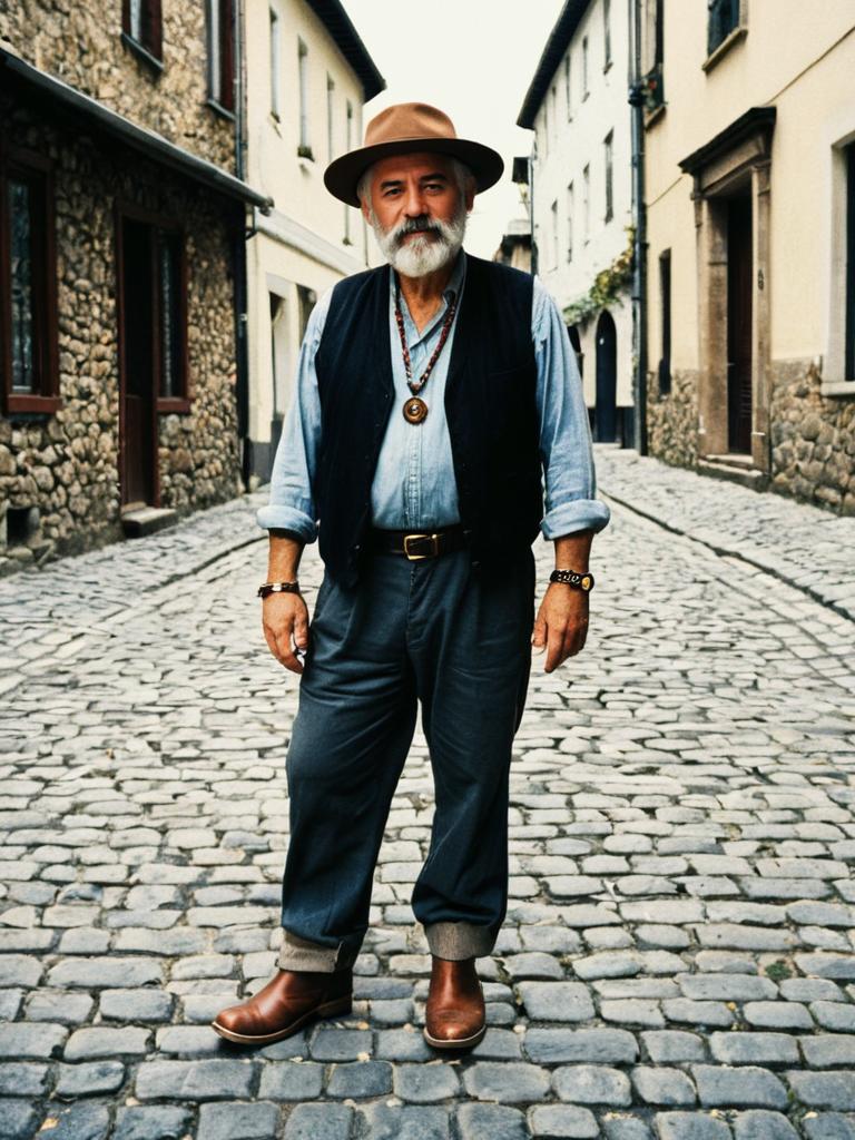 Vintage Style Man Standing on Cobblestone Street in Rustic Urban Setting