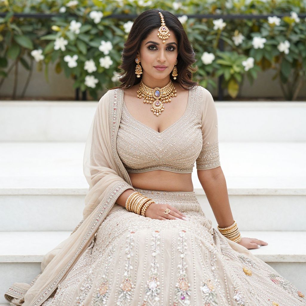 Elegant Woman in Beige Embroidered Indian Lehenga with Traditional Gold Jewelry