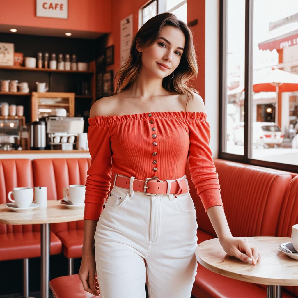 Young Woman in Coral Outfit Standing in Cozy Modern Cafe Interior