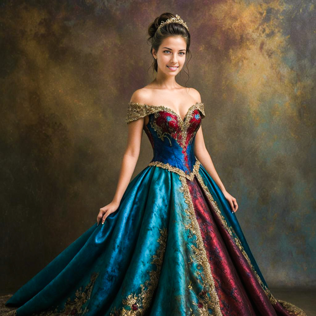 Elegant Woman in Vibrant Gown with Golden Details